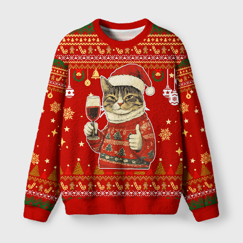 Tokyo-Tiger Whimsical Santa Cat Drinking Wine Fuzzy Christmas Ugly Sweatshirt