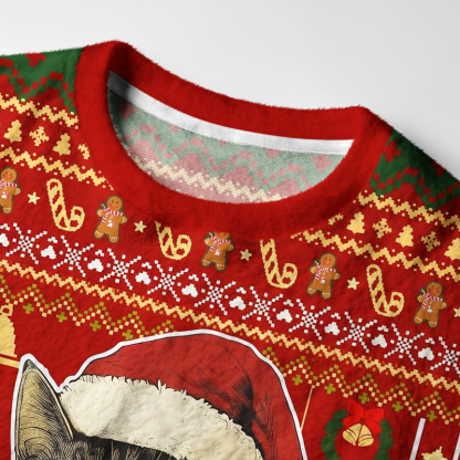Tokyo-Tiger Whimsical Santa Cat Drinking Wine Fuzzy Christmas Ugly Sweatshirt