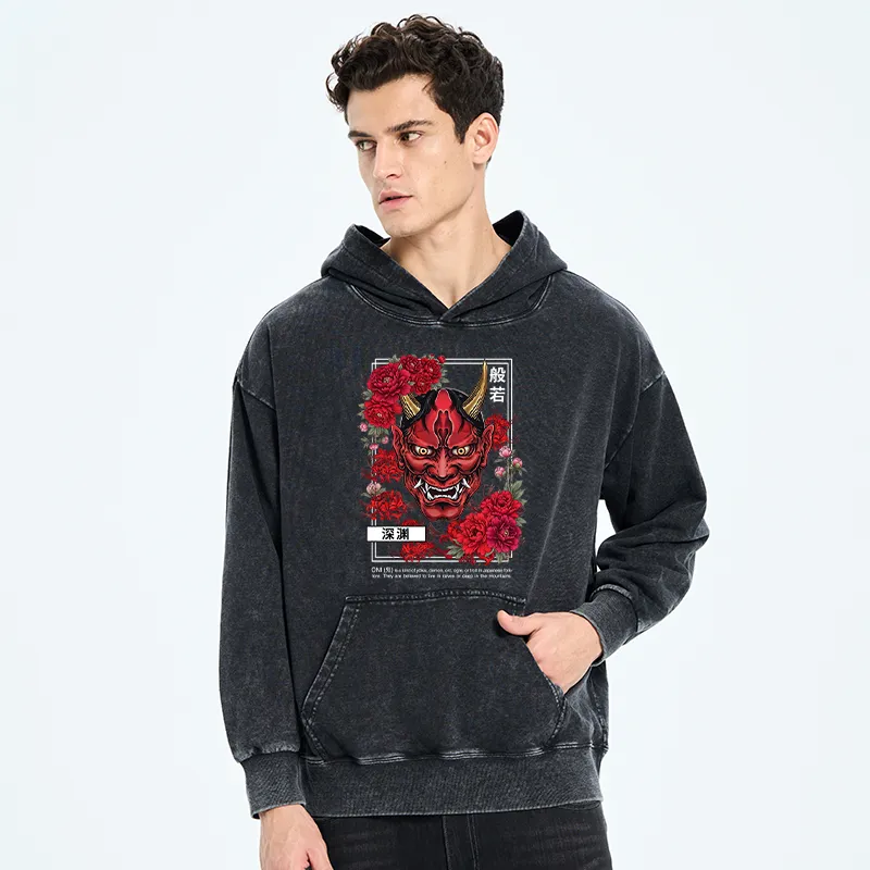 Tokyo-Tiger Cool Oni Floral Art Washed Hoodie
