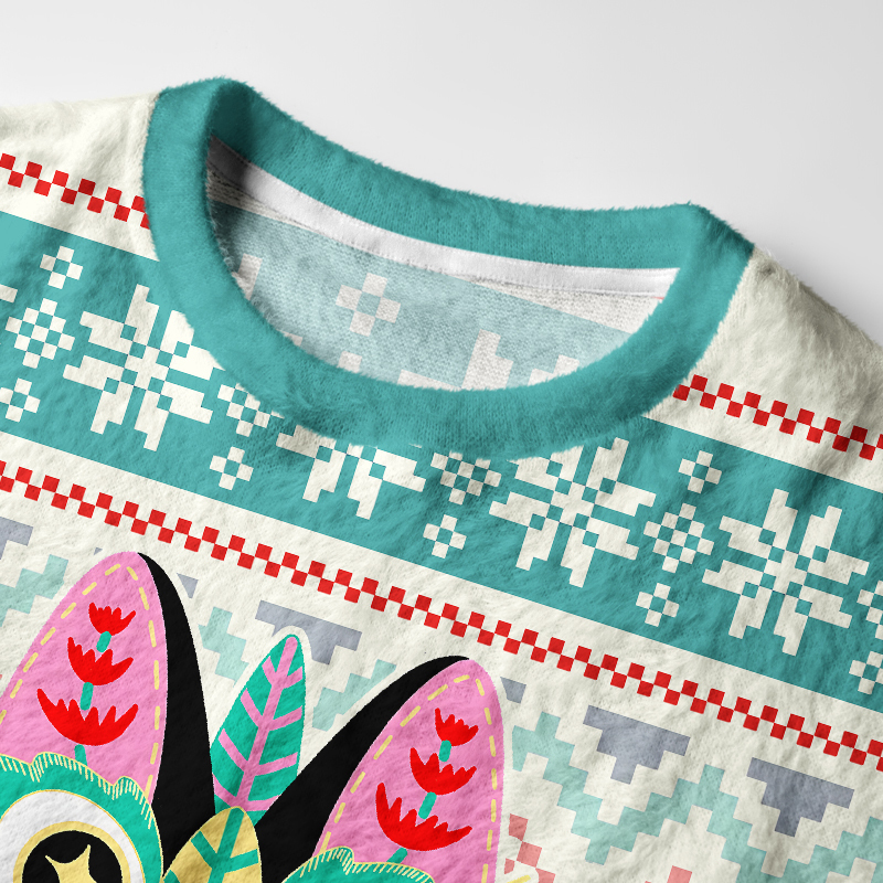 Tokyo-Tiger Lucky Tile Cat Fuzzy Christmas Ugly Sweatshirt