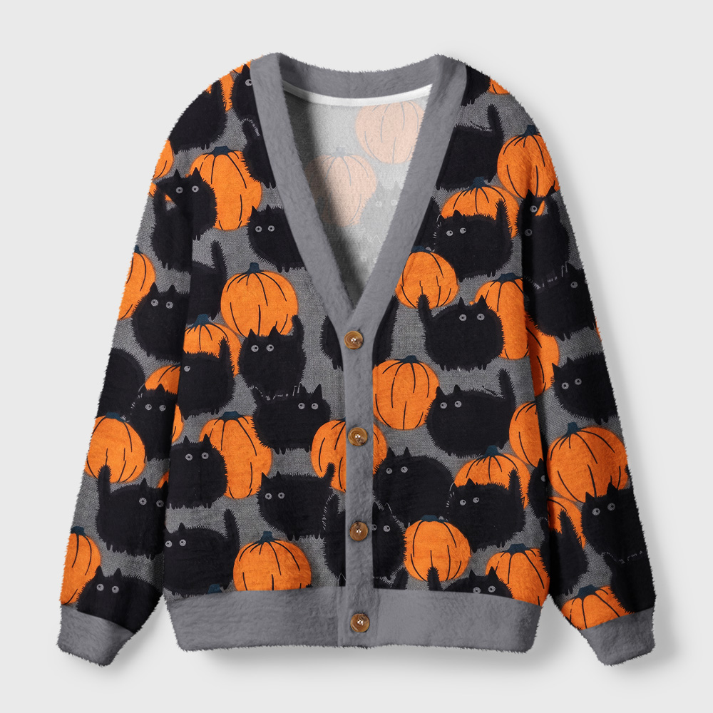 Tokyo-Tiger Halloween Black Cat Pumpkin Ugly Cardigan Sweater