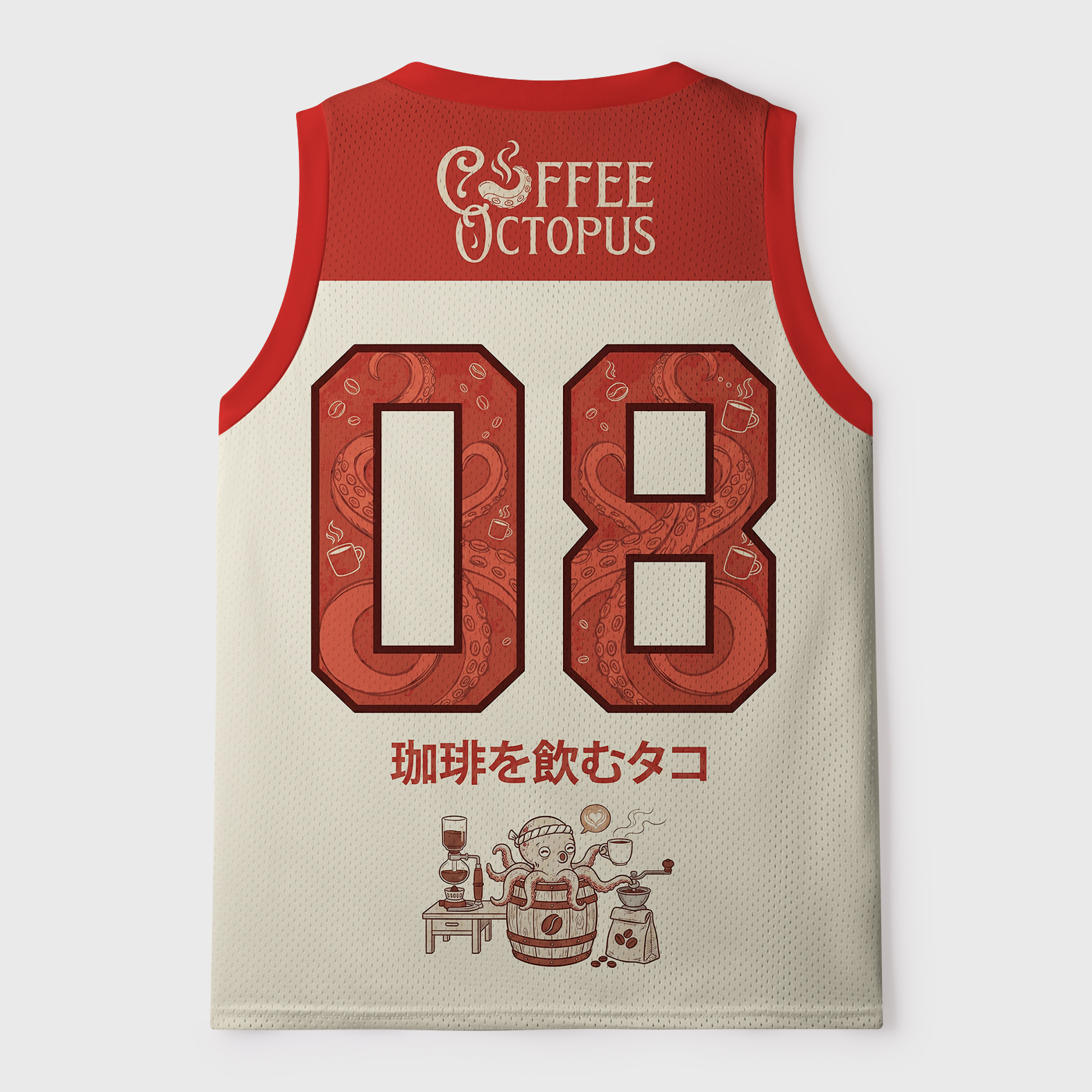Tokyo-Tiger Japanese Coffee-Drinking Octopus Mesh Tank Top