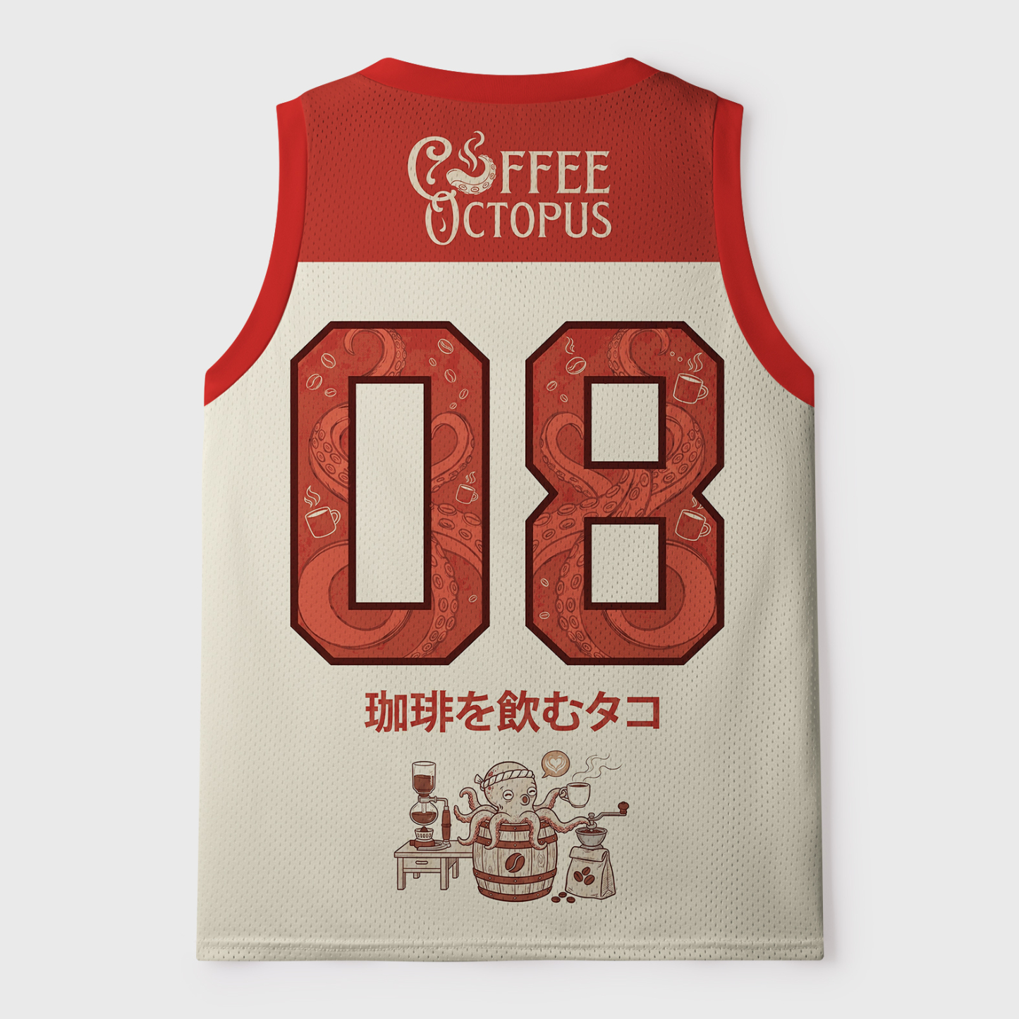 Tokyo-Tiger Japanese Coffee-Drinking Octopus Mesh Tank Top