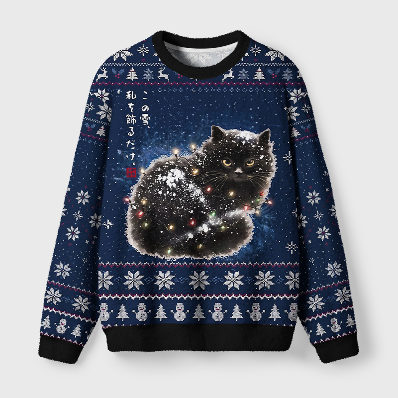 Tokyo-Tiger Black Cat Adorned by Snow Fuzzy Christmas Ugly Sweatshirt