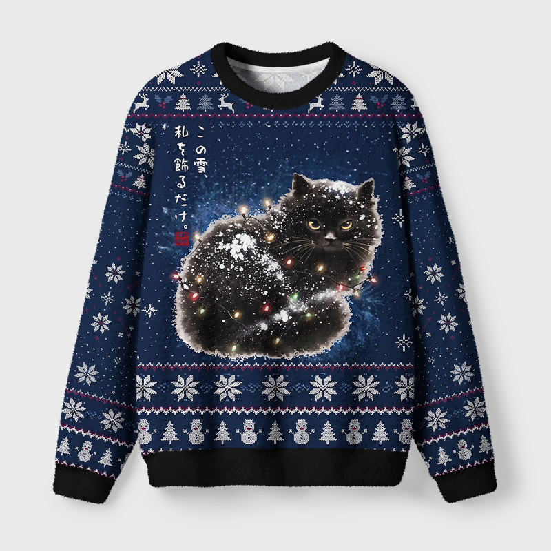 Tokyo-Tiger Black Cat Adorned by Snow Fuzzy Christmas Ugly Sweatshirt