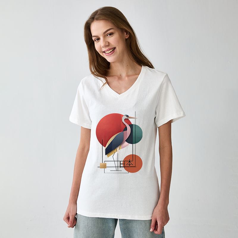 Tokyo-Tiger Geometric Crane Art V-Neck Classic T-Shirt