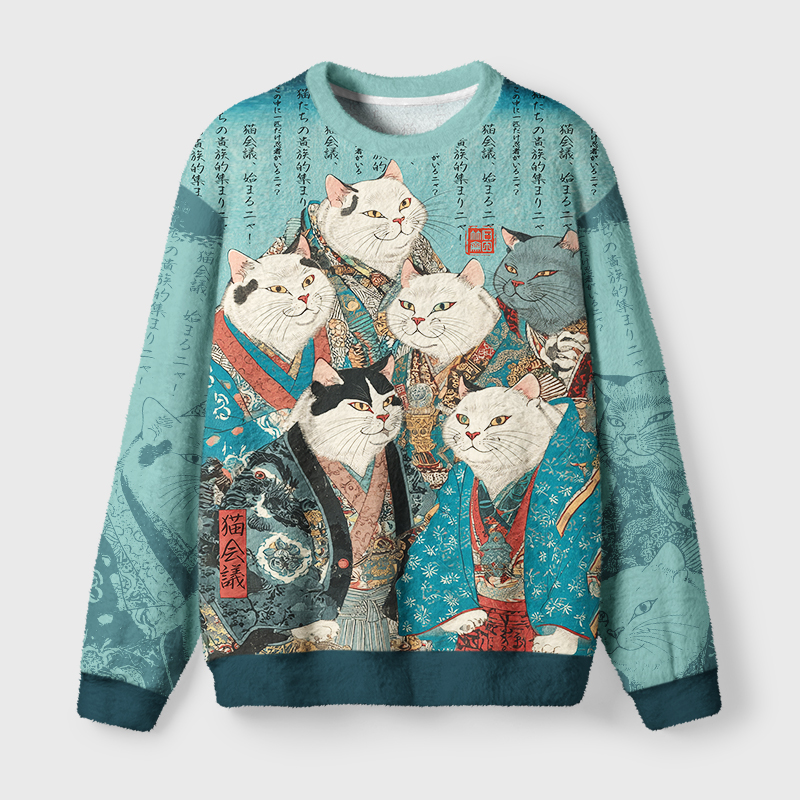 Tokyo-Tiger Formal Gathering of Ukiyo-e Cat Nobles Fuzzy Christmas Ugly Sweatshirt