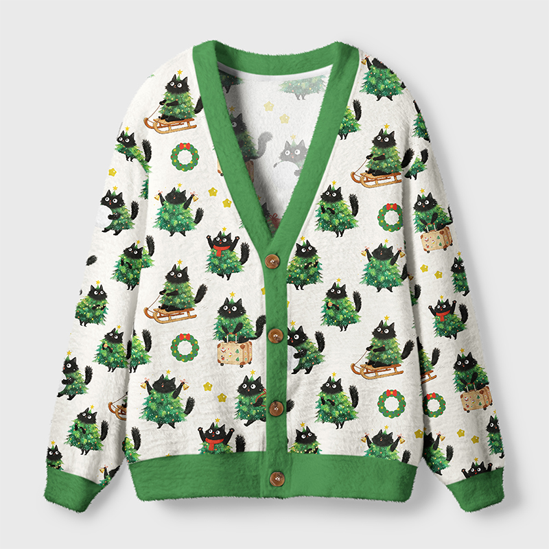 Tokyo-Tiger Funny Christmas Tree Cats Ugly Cardigan Sweater