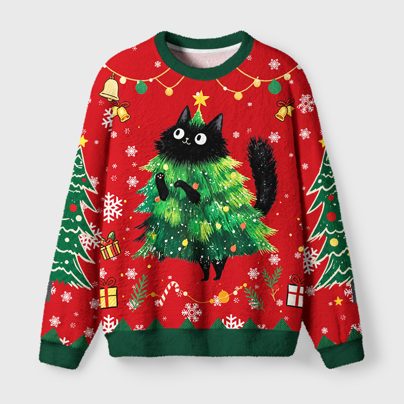 Tokyo-Tiger Christmas Tree Cat Fuzzy Christmas Ugly Sweatshirt