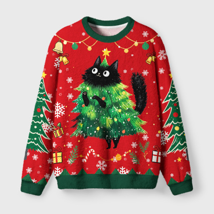 Tokyo-Tiger Christmas Tree Cat Fuzzy Christmas Ugly Sweatshirt