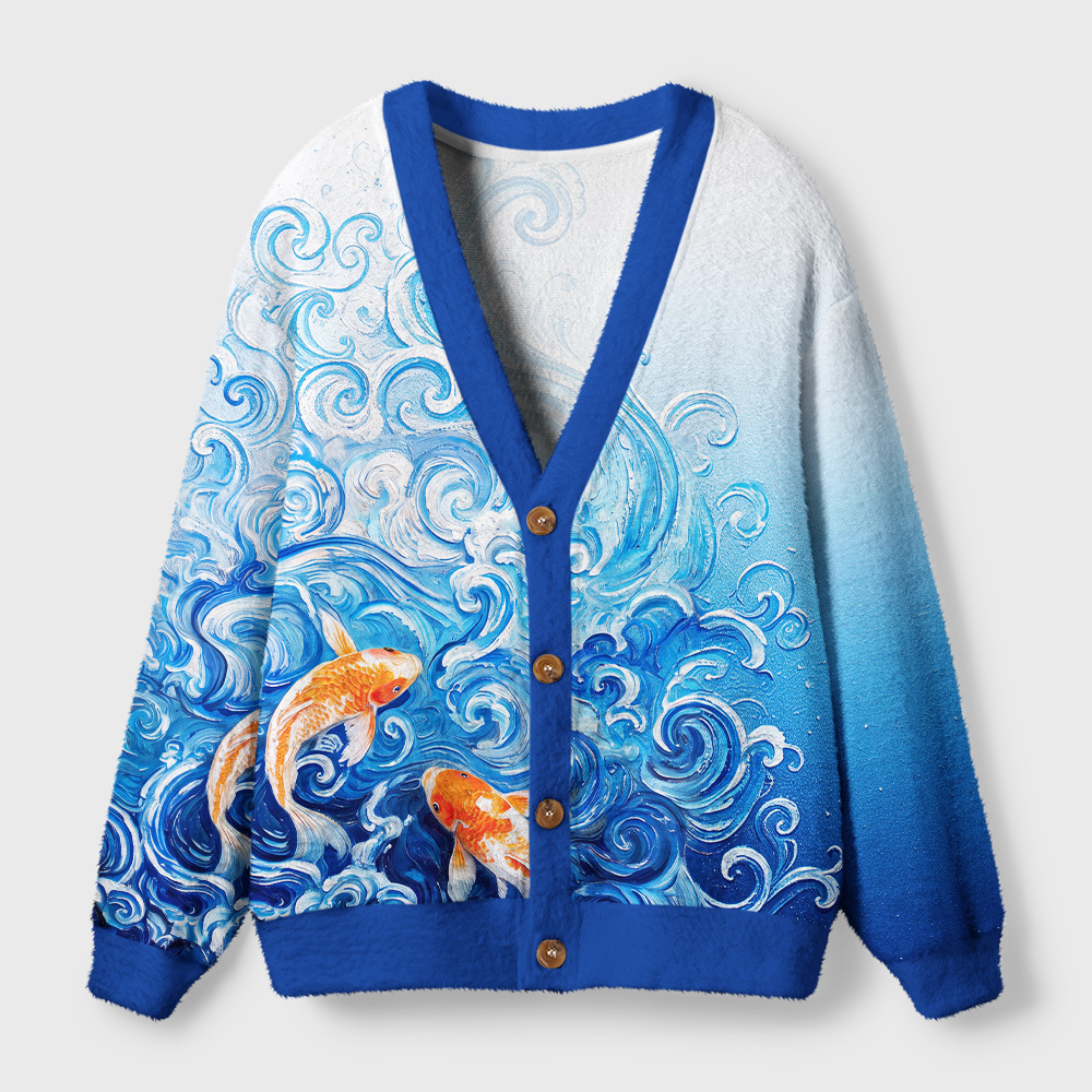 Tokyo-Tiger Van Gogh's Wave Red Koi Ugly Cardigan Sweater
