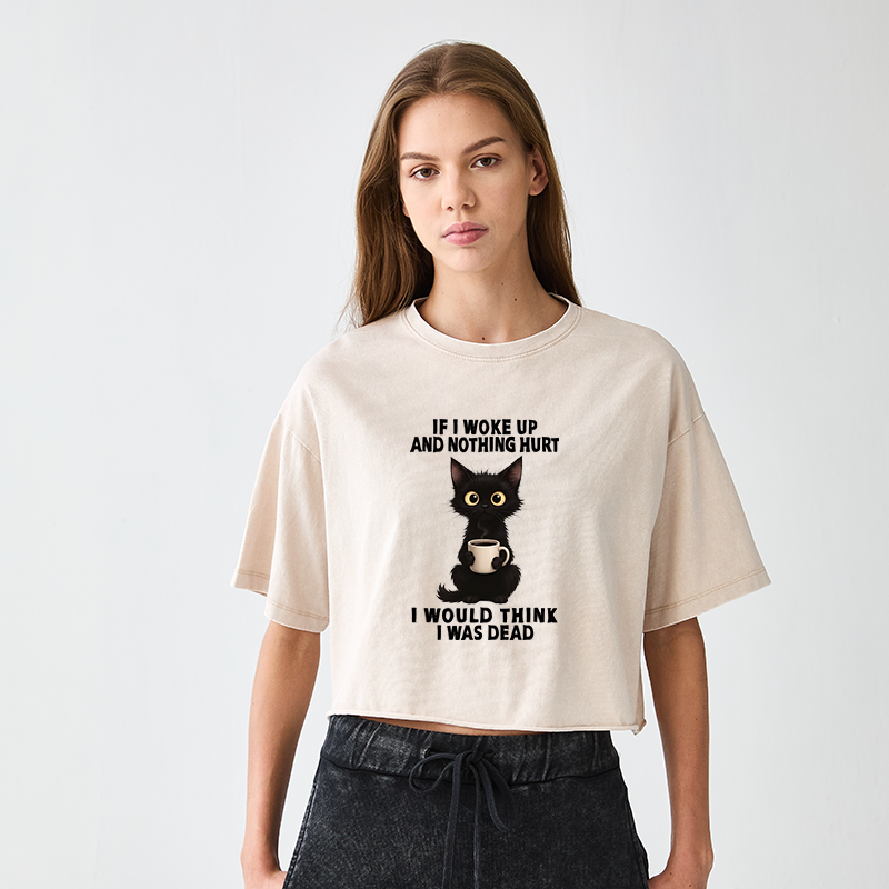 Tokyo-Tiger Funny Cute Black Cat And Coffee Meme Women's Washed Crop T-Shirt