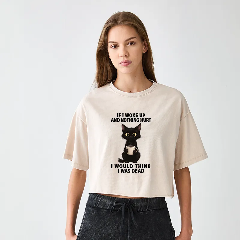 Tokyo-Tiger Funny Cute Black Cat And Coffee Meme Women's Washed Crop T-Shirt
