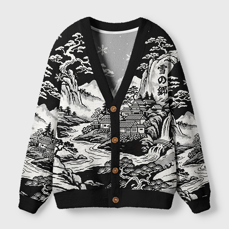 Tokyo-Tiger Land Of Falling Snow Ugly Cardigan Sweater
