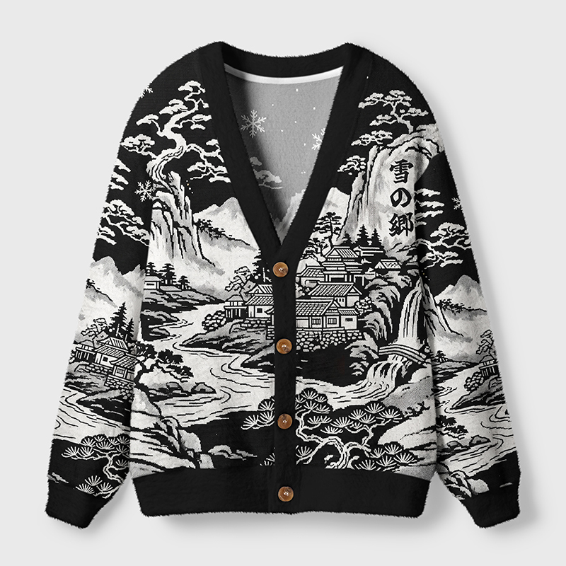Tokyo-Tiger Land Of Falling Snow Ugly Cardigan Sweater