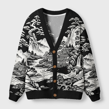 Tokyo-Tiger Land Of Falling Snow Ugly Cardigan Sweater