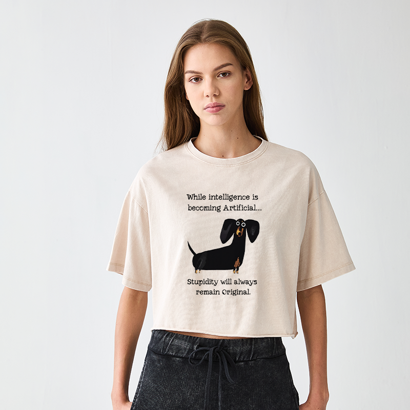 Tokyo-Tiger Dachshund Real Humor Funny Meme Women's Washed Crop T-Shirt