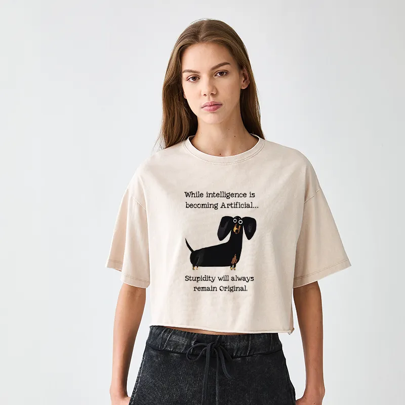 Tokyo-Tiger Dachshund Real Humor Funny Meme Women's Washed Crop T-Shirt