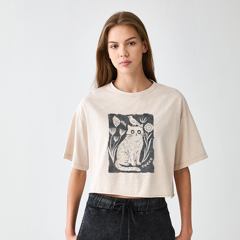 Tokyo-Tiger Folk Paper Cut Cat Bird Floral Art Women's Washed Crop T-Shirt