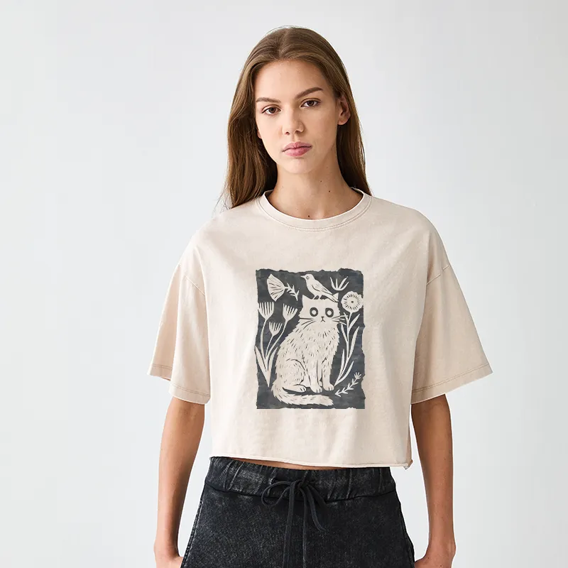 Tokyo-Tiger Folk Paper Cut Cat Bird Floral Art Women's Washed Crop T-Shirt