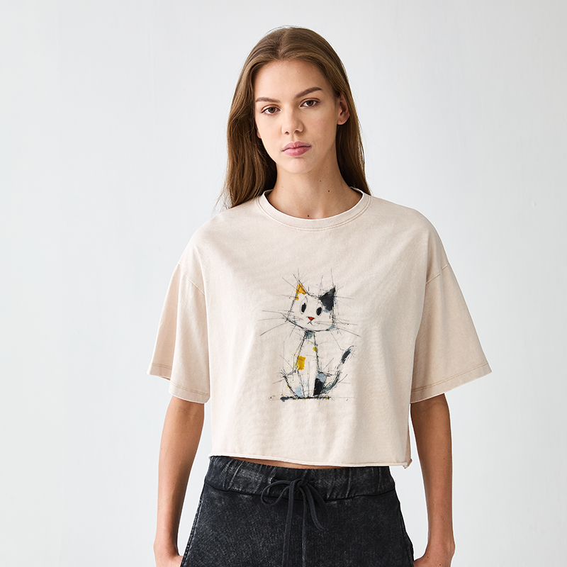Tokyo-Tiger Minimal Splash Ink Cute Cat Women's Washed Crop T-Shirt