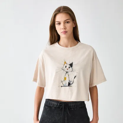 Tokyo-Tiger Minimal Splash Ink Cute Cat Women's Washed Crop T-Shirt
