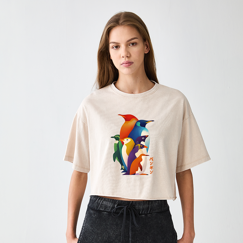 Tokyo-Tiger Cute Multi Tone Penguins Women's Washed Crop T-Shirt