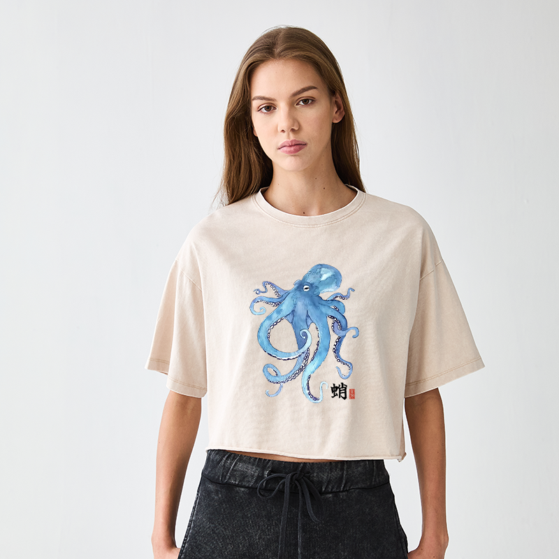 Tokyo-Tiger Watercolor Blue Octopus Women's Washed Crop T-Shirt