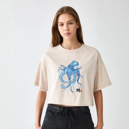 Tokyo-Tiger Watercolor Blue Octopus Women's Washed Crop T-Shirt