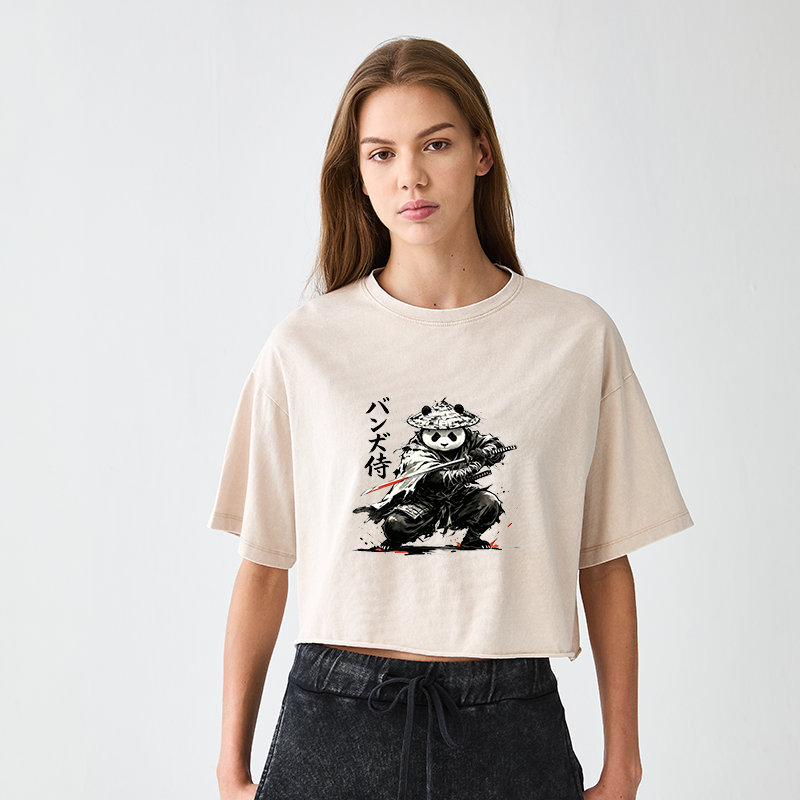 Tokyo-Tiger Panda Samurai Warrior Women's Washed Crop T-Shirt