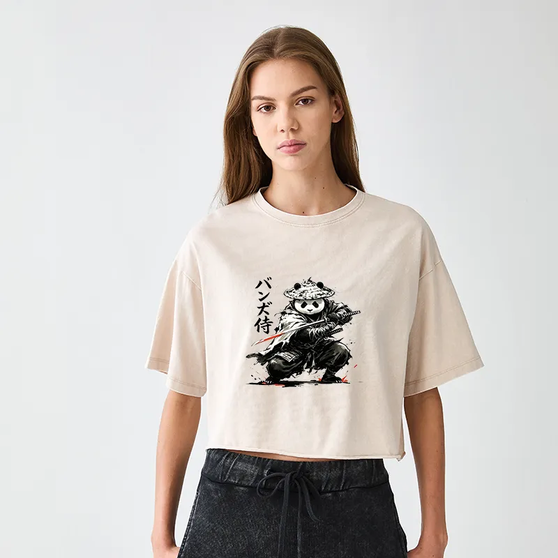 Tokyo-Tiger Panda Samurai Warrior Women's Washed Crop T-Shirt