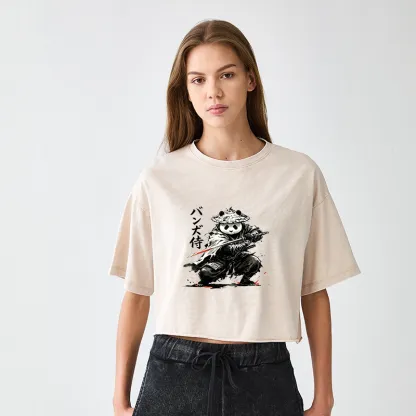 Tokyo-Tiger Panda Samurai Warrior Women's Washed Crop T-Shirt