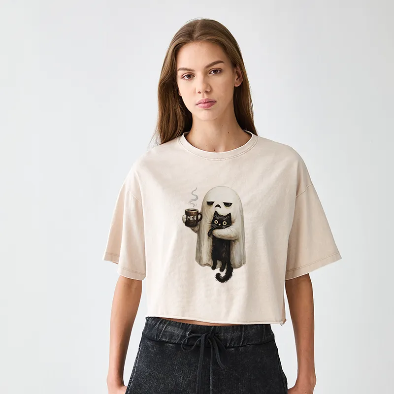 Tokyo-Tiger Ghost Cat Coffee Mood Women's Washed Crop T-Shirt