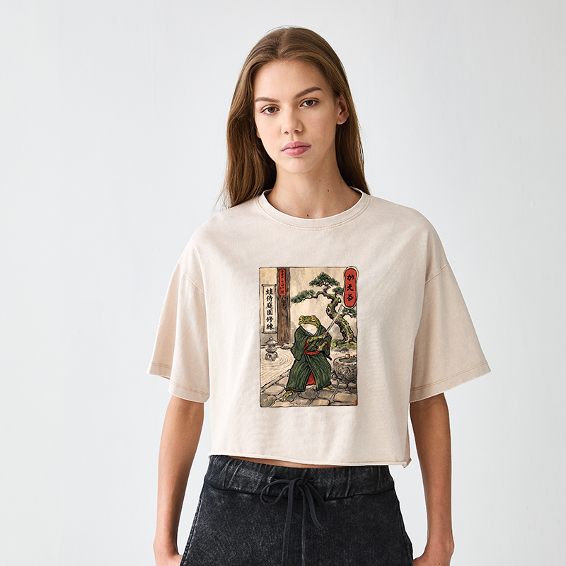 Tokyo-Tiger Samurai Frog Training Women's Washed Crop T-Shirt