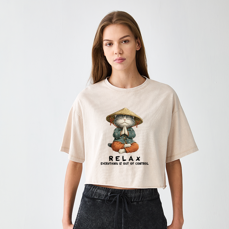 Tokyo-Tiger Zen Relax Cat Graphic Women's Washed Crop T-Shirt