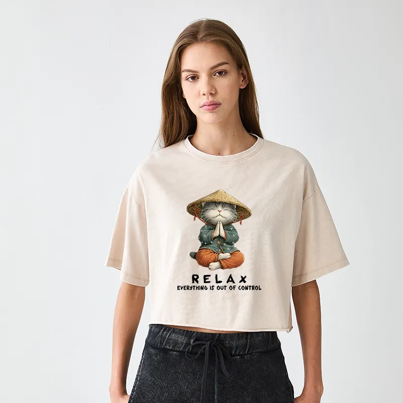 Tokyo-Tiger Zen Relax Cat Graphic Women's Washed Crop T-Shirt