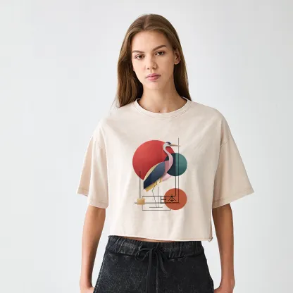 Tokyo-Tiger Geometric Crane Art Women's Washed Crop T-Shirt