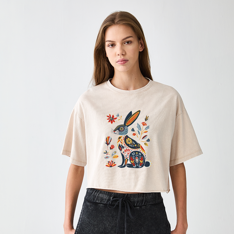 Tokyo-Tiger Folk Hare Bloom Women's Washed Crop T-Shirt