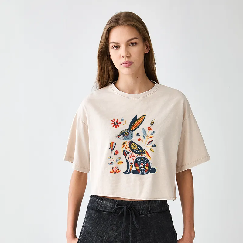 Tokyo-Tiger Folk Hare Bloom Women's Washed Crop T-Shirt