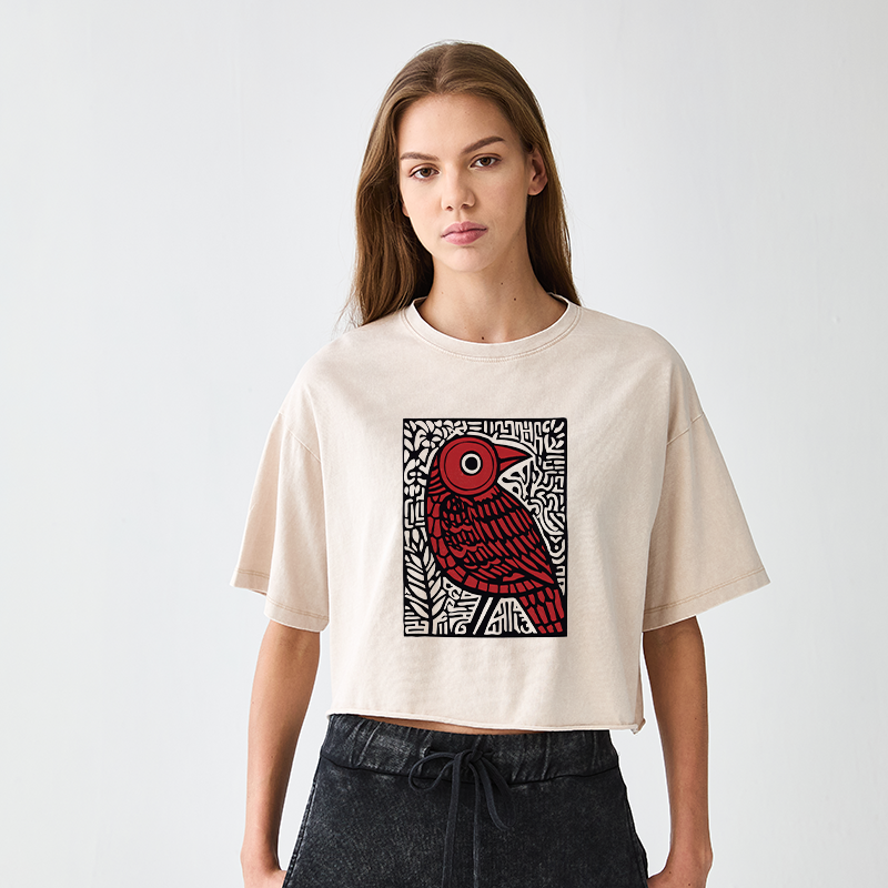 Tokyo-Tiger Retro Woodblock Bird Women's Washed Crop T-Shirt