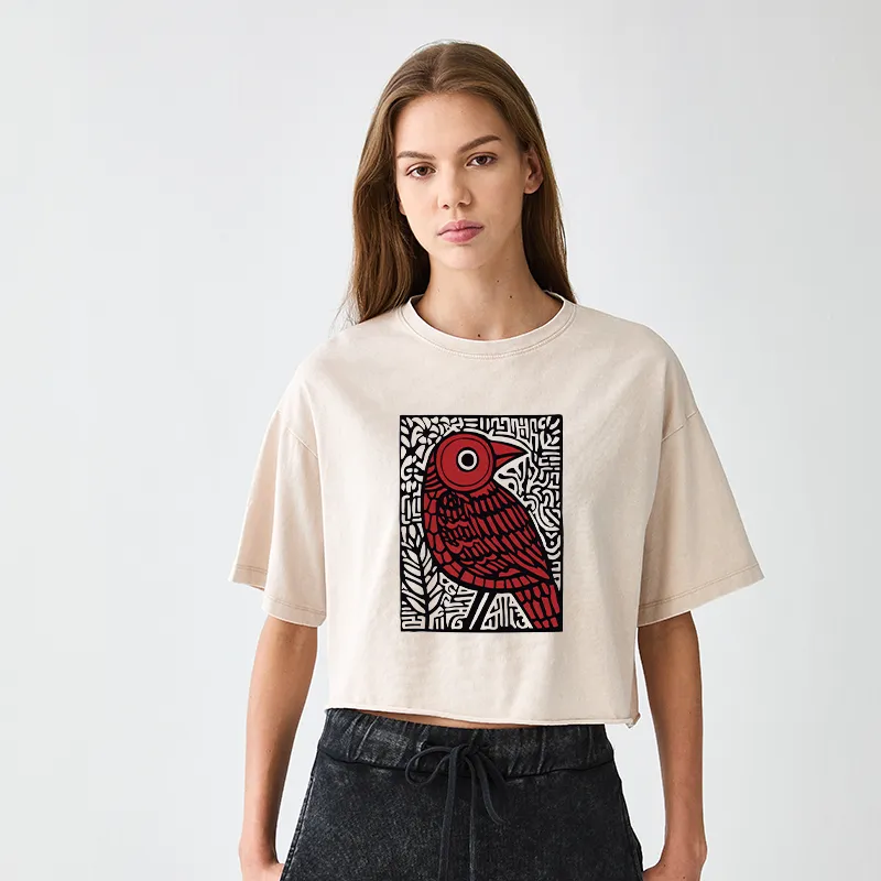 Tokyo-Tiger Retro Woodblock Bird Women's Washed Crop T-Shirt