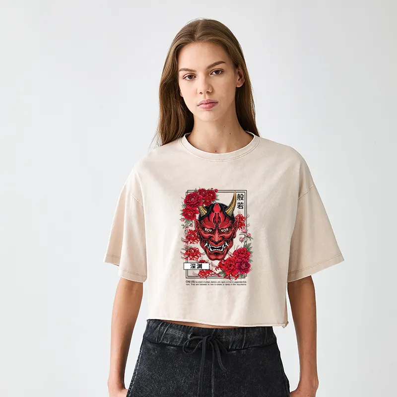 Tokyo-Tiger Cool Oni Floral Art Women's Washed Crop T-Shirt