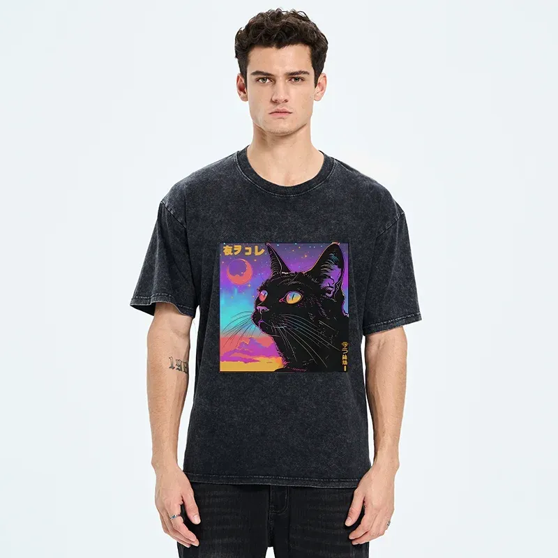 Tokyo-Tiger Cat Under The Stars Washed T-Shirt