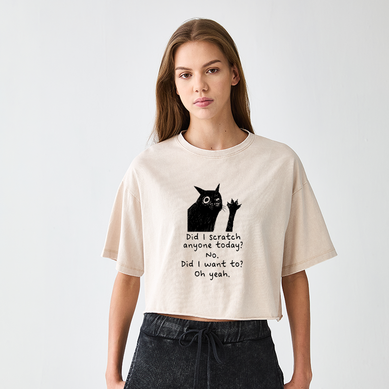 Tokyo-Tiger Black Cat Scratches People Women's Washed Crop T-Shirt