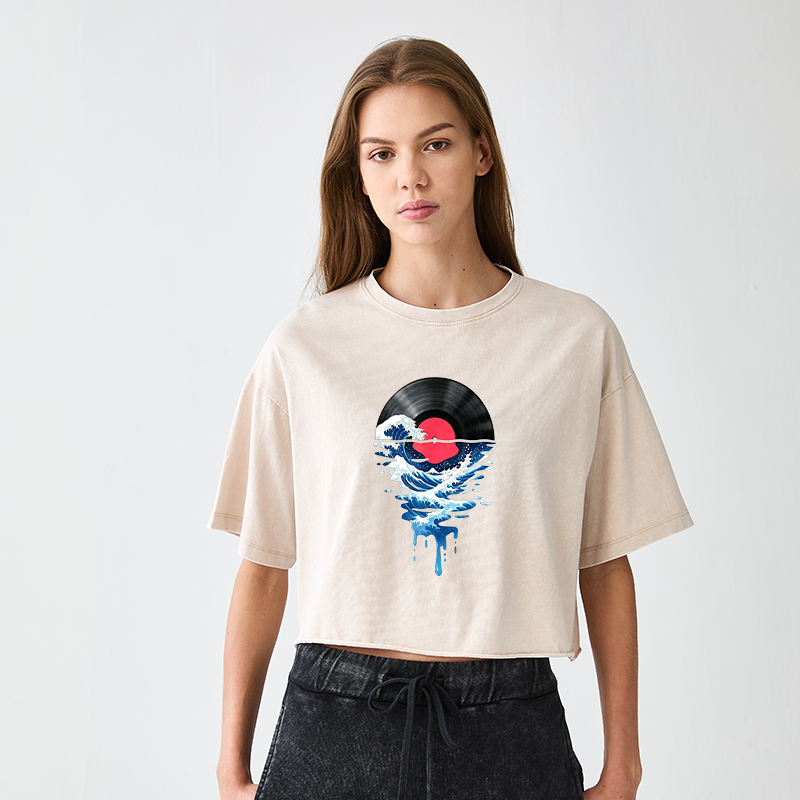 Tokyo-Tiger Vinyl Records And Waves Women's Washed Crop T-Shirt