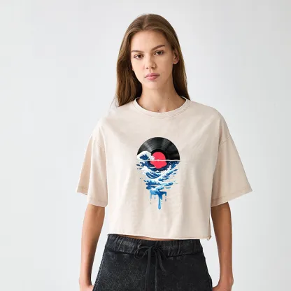 Tokyo-Tiger Vinyl Records And Waves Women's Washed Crop T-Shirt