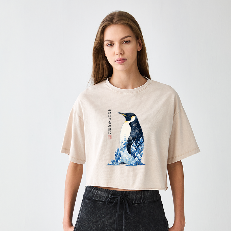 Tokyo-Tiger Keep Calm Penguin Women's Washed Crop T-Shirt