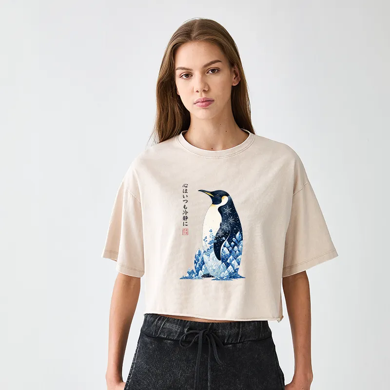 Tokyo-Tiger Keep Calm Penguin Women's Washed Crop T-Shirt