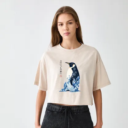 Tokyo-Tiger Keep Calm Penguin Women's Washed Crop T-Shirt