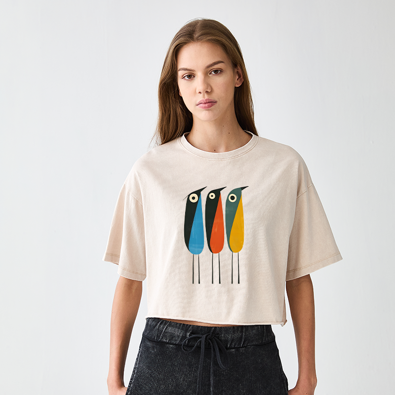 Tokyo-Tiger Bold Shape Birds Women's Washed Crop T-Shirt